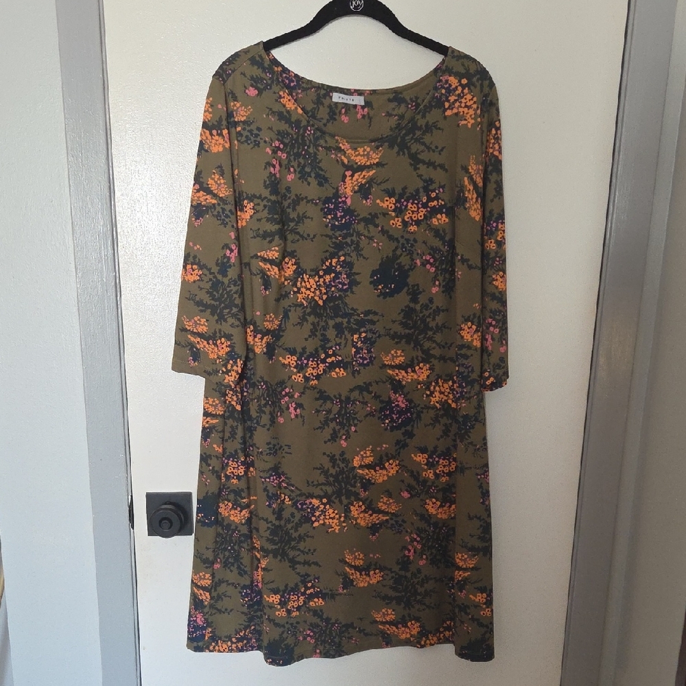 Anthropologie Triste Floral 3/4 Sleeve Shift Dress Plus Size 1X Olive Green